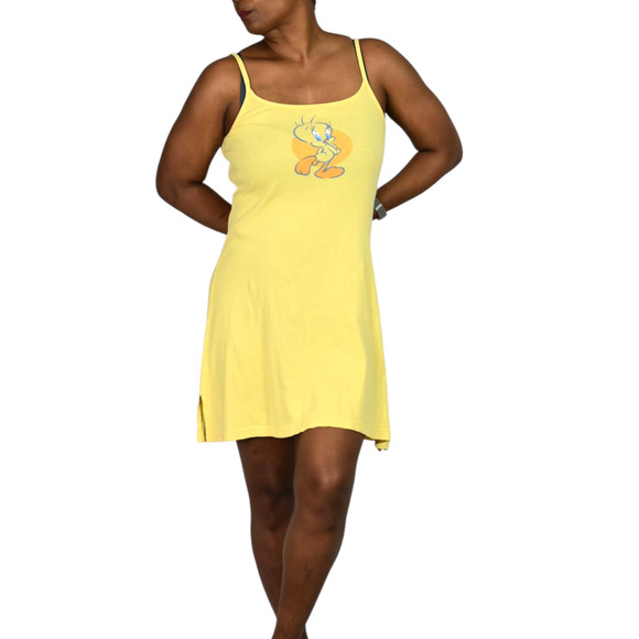 Warner Bros Y2K Tweety Dress Yellow Cotton Jersey Knit Side Slits Mini Tank XS - Picture 1 of 14